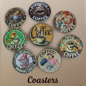 Hand Crafted Diamond Art Coffee Themed Coaster Set